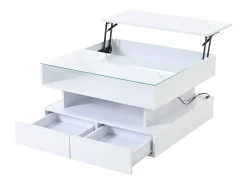 Online Hauss Spole Mesa de centro branca elevável com 2 gavetas, iluminação LED e arrumação, tampo em vidro semi-temperado Branco