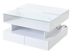 Online Hauss Spole Mesa de centro branca elevável com 2 gavetas, iluminação LED e arrumação, tampo em vidro semi-temperado Branco
