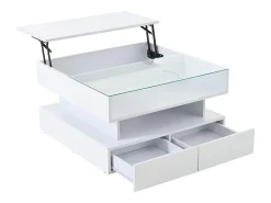 Online Hauss Spole Mesa de centro branca elevável com 2 gavetas, iluminação LED e arrumação, tampo em vidro semi-temperado Branco