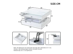 Online Hauss Spole Mesa de centro branca elevável com 2 gavetas, iluminação LED e arrumação, tampo em vidro semi-temperado Branco