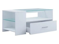 VCM Mesa de centro branca Tindala design 100x50 cm com tampo de vidro, 1 gaveta e 3 espaços de arrumação^ Mesa De Apoio