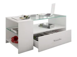 VCM Mesa de centro branca Tindala design 100x50 cm com tampo de vidro, 1 gaveta e 3 espaços de arrumação^ Mesa De Apoio