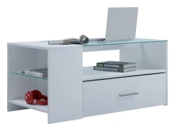 VCM Mesa de centro branca Tindala design 100x50 cm com tampo de vidro, 1 gaveta e 3 espaços de arrumação^ Mesa De Apoio