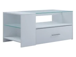 VCM Mesa de centro branca Tindala design 100x50 cm com tampo de vidro, 1 gaveta e 3 espaços de arrumação^ Mesa De Apoio