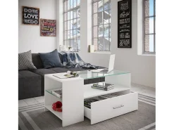 VCM Mesa de centro branca Tindala design 100x50 cm com tampo de vidro, 1 gaveta e 3 espaços de arrumação^ Mesa De Apoio