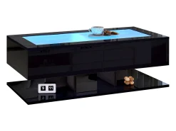 Mesa De Centro|ModernLuxe Mesa de centro brilhante 100×50×35 cm - 2 gavetas - com iluminação LED - tampo de vidro - painel de partículas - Preto