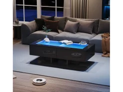 Mesa De Centro|ModernLuxe Mesa de centro brilhante 100×50×35 cm - 2 gavetas - com iluminação LED - tampo de vidro - painel de partículas - Preto