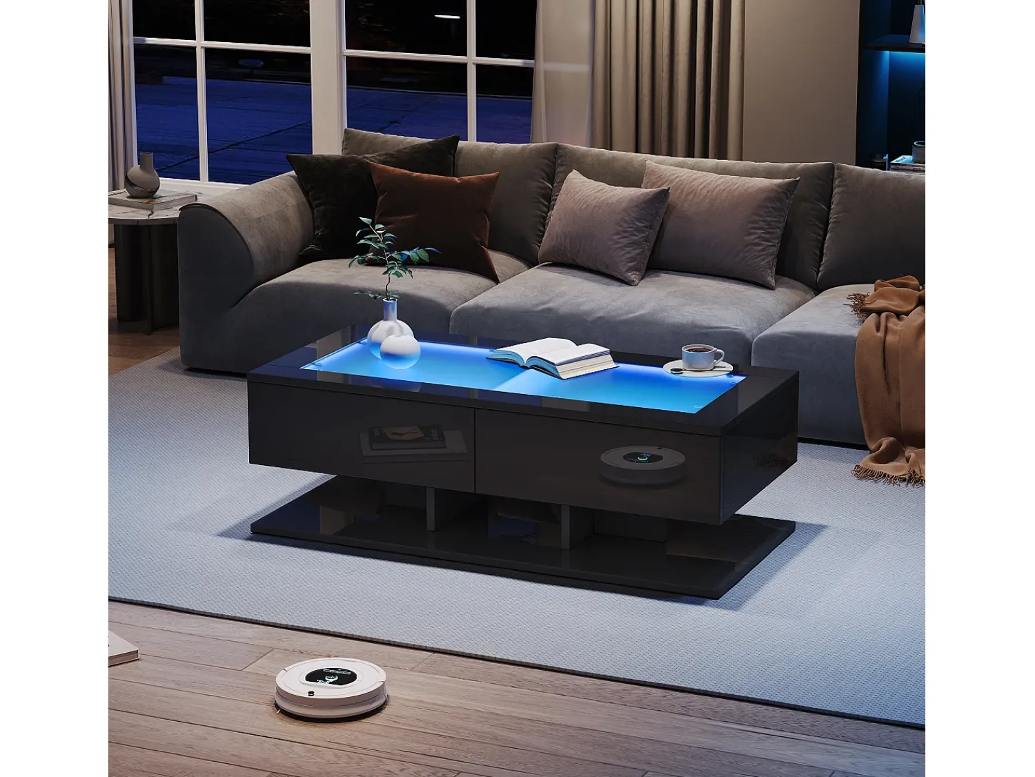 Mesa De Centro|ModernLuxe Mesa de centro brilhante 100×50×35 cm - 2 gavetas - com iluminação LED - tampo de vidro - painel de partículas - Preto