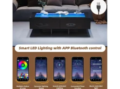 Mesa De Centro|ModernLuxe Mesa de centro brilhante 100×50×35 cm - 2 gavetas - com iluminação LED - tampo de vidro - painel de partículas - Preto
