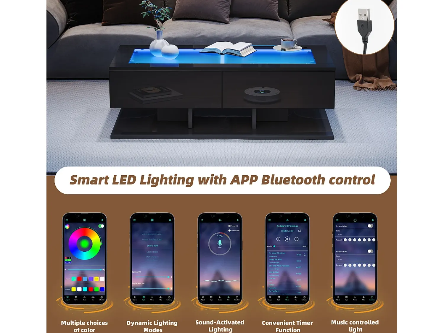 Mesa De Centro|ModernLuxe Mesa de centro brilhante 100×50×35 cm - 2 gavetas - com iluminação LED - tampo de vidro - painel de partículas - Preto
