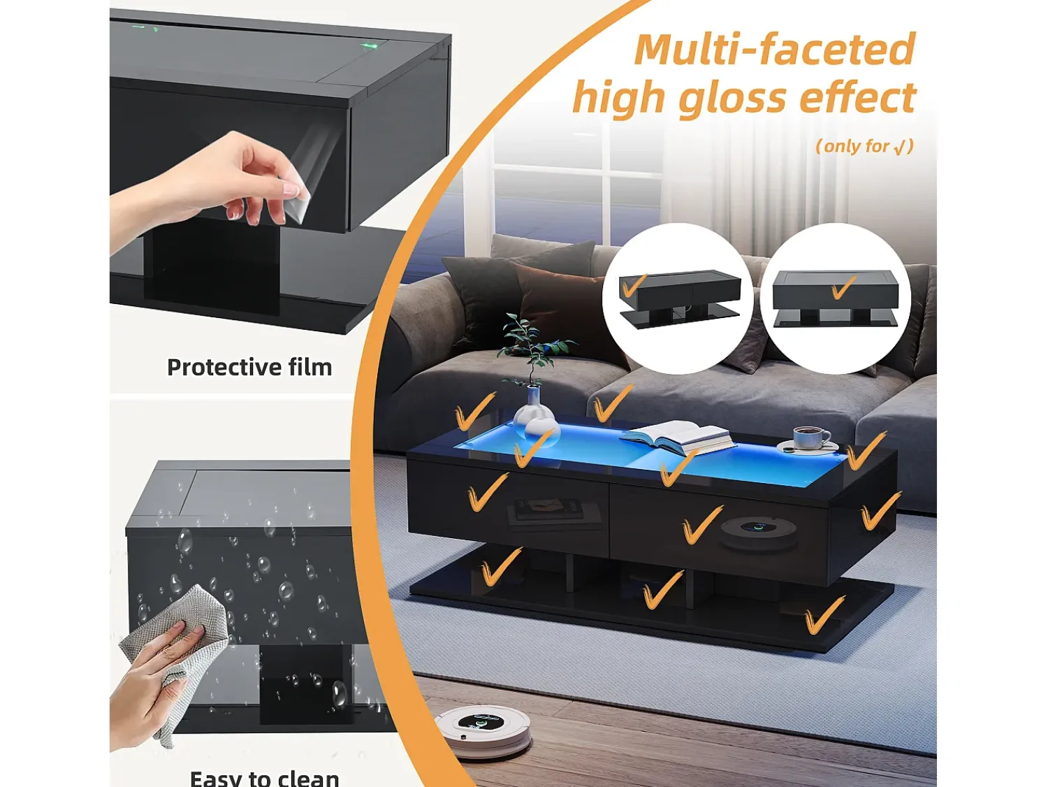 Mesa De Centro|ModernLuxe Mesa de centro brilhante 100×50×35 cm - 2 gavetas - com iluminação LED - tampo de vidro - painel de partículas - Preto
