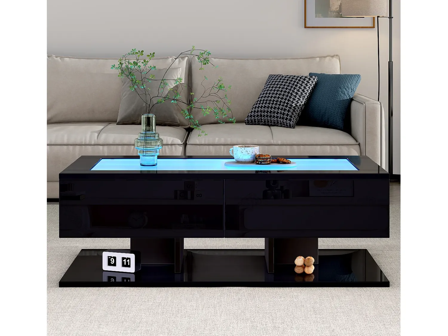 Mesa De Centro|ModernLuxe Mesa de centro brilhante 100×50×35 cm - 2 gavetas - com iluminação LED - tampo de vidro - painel de partículas - Preto