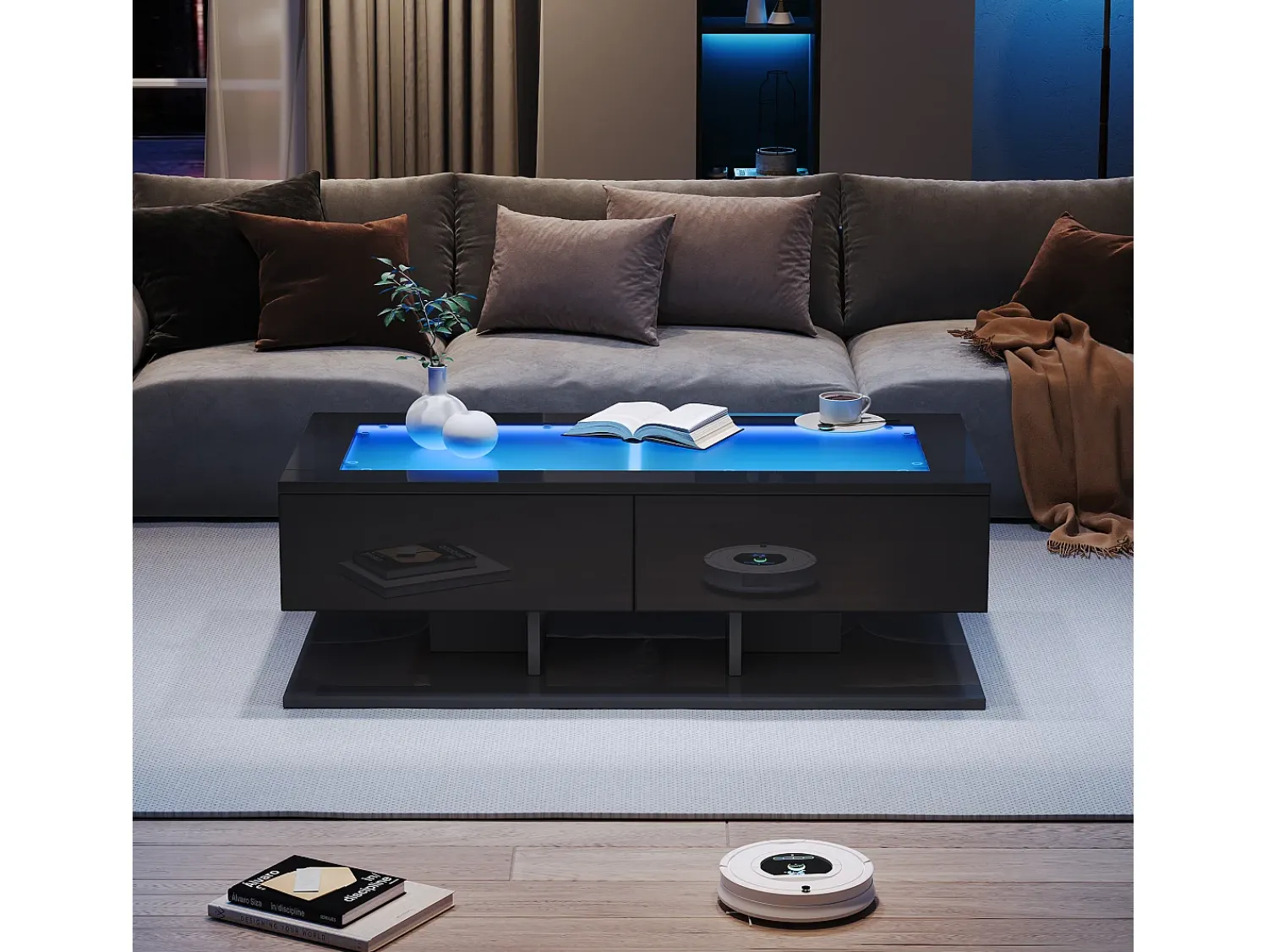 Mesa De Centro|ModernLuxe Mesa de centro brilhante 100×50×35 cm - 2 gavetas - com iluminação LED - tampo de vidro - painel de partículas - Preto