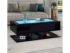 Mesa De Centro|ModernLuxe Mesa de centro brilhante 100×50×35 cm - 2 gavetas - com iluminação LED - tampo de vidro - painel de partículas - Preto