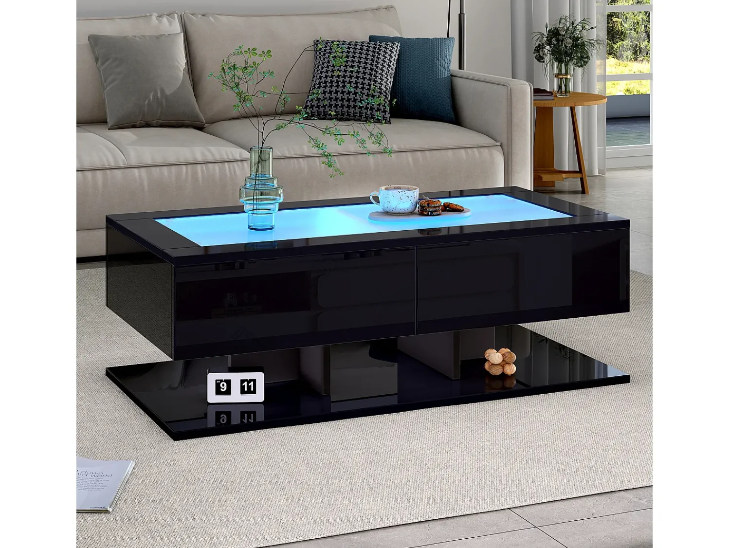Mesa De Centro|ModernLuxe Mesa de centro brilhante 100×50×35 cm - 2 gavetas - com iluminação LED - tampo de vidro - painel de partículas - Preto