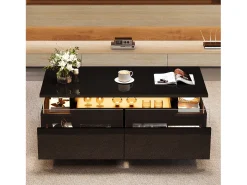 New ModernLuxe Mesa de centro brilhante 90×45×35,5 cm - 2 gavetas - com iluminação LED - com vidro temperado - Preto