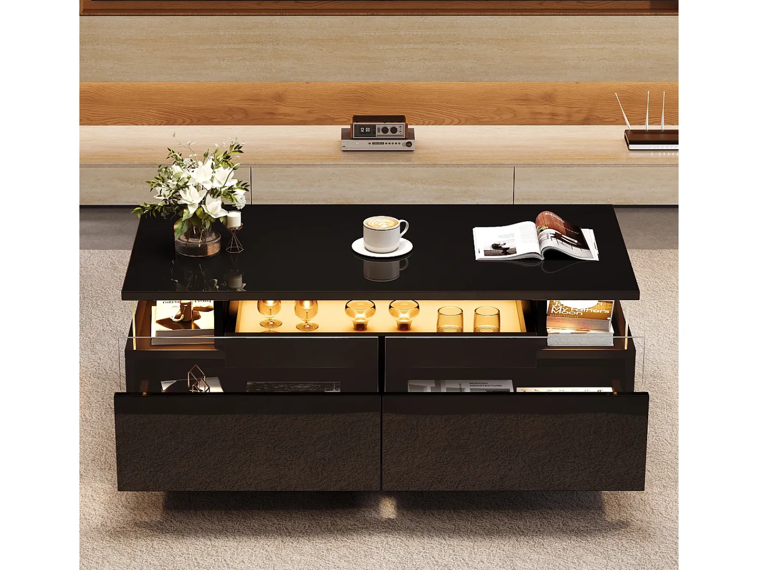 New ModernLuxe Mesa de centro brilhante 90×45×35,5 cm - 2 gavetas - com iluminação LED - com vidro temperado - Preto