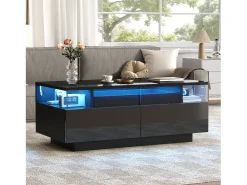 New ModernLuxe Mesa de centro brilhante 90×45×35,5 cm - 2 gavetas - com iluminação LED - com vidro temperado - Preto