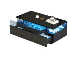 New ModernLuxe Mesa de centro brilhante 90×45×35,5 cm - 2 gavetas - com iluminação LED - com vidro temperado - Preto