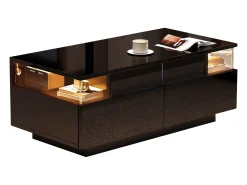 New ModernLuxe Mesa de centro brilhante 90×45×35,5 cm - 2 gavetas - com iluminação LED - com vidro temperado - Preto