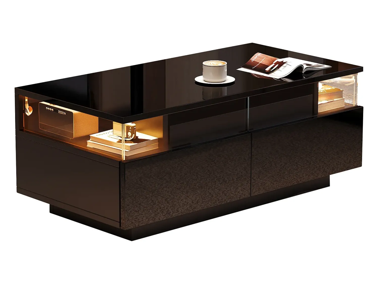 New ModernLuxe Mesa de centro brilhante 90×45×35,5 cm - 2 gavetas - com iluminação LED - com vidro temperado - Preto