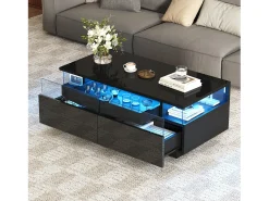 New ModernLuxe Mesa de centro brilhante 90×45×35,5 cm - 2 gavetas - com iluminação LED - com vidro temperado - Preto