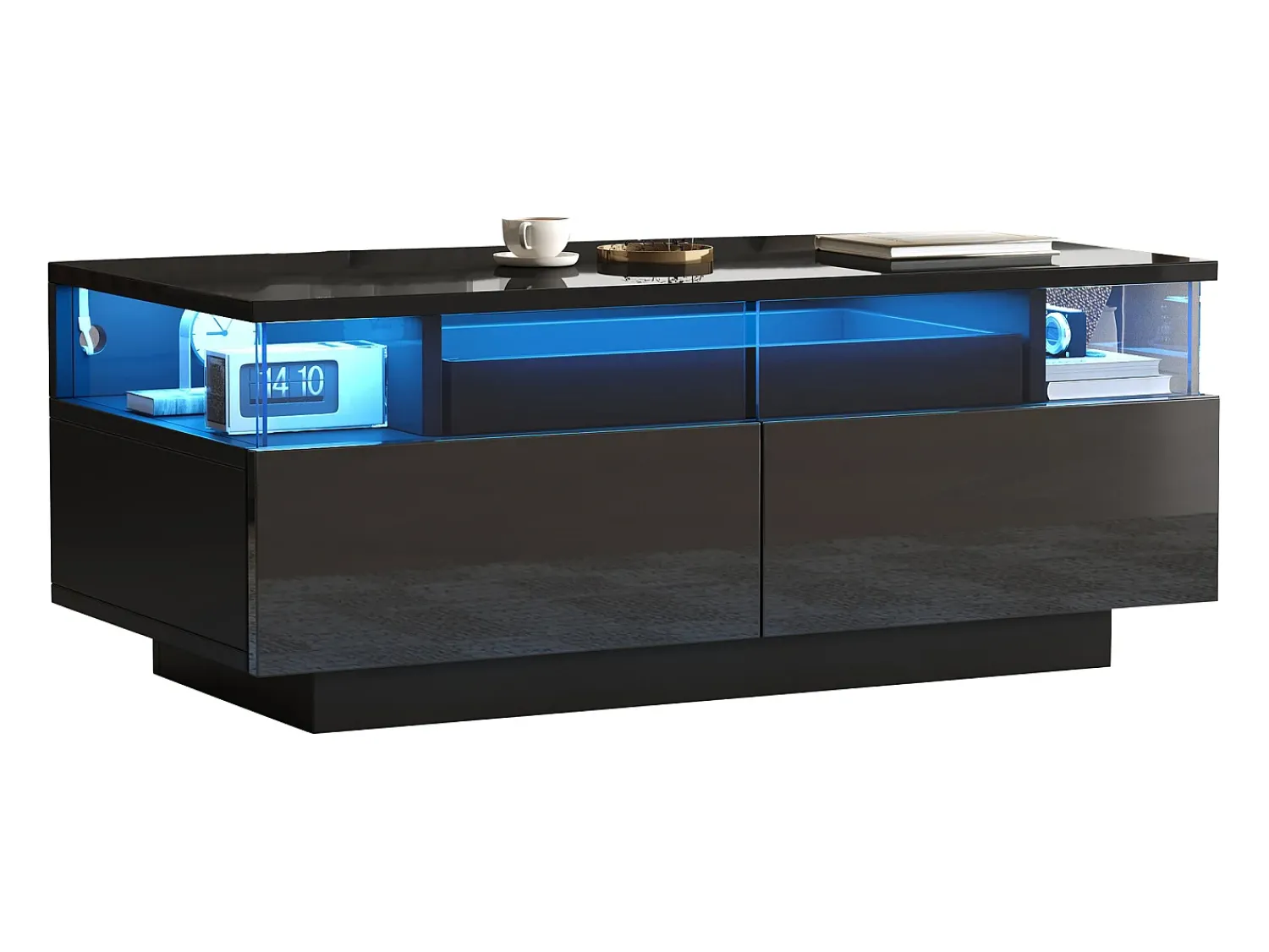 New ModernLuxe Mesa de centro brilhante 90×45×35,5 cm - 2 gavetas - com iluminação LED - com vidro temperado - Preto