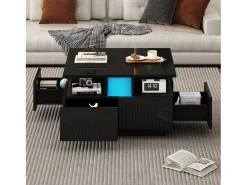 Clearance Merax Mesa de centro brilhante - 70 x 70 x 40 cm - com LEDs + 4 gavetas - Aglomerado - Preto