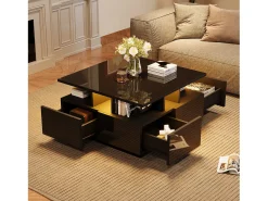 Clearance Merax Mesa de centro brilhante - 70 x 70 x 40 cm - com LEDs + 4 gavetas - Aglomerado - Preto