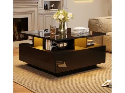 Clearance Merax Mesa de centro brilhante - 70 x 70 x 40 cm - com LEDs + 4 gavetas - Aglomerado - Preto