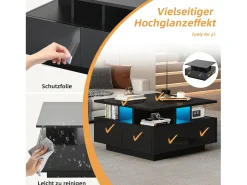 Clearance Merax Mesa de centro brilhante - 70 x 70 x 40 cm - com LEDs + 4 gavetas - Aglomerado - Preto