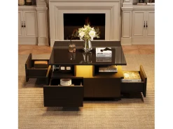 Clearance Merax Mesa de centro brilhante - 70 x 70 x 40 cm - com LEDs + 4 gavetas - Aglomerado - Preto