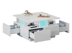 New Merax Mesa de centro brilhante - 70 x 70 x 40 cm - com LEDs + 4 gavetas - Aglomerado - Branco