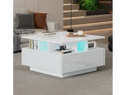 New Merax Mesa de centro brilhante - 70 x 70 x 40 cm - com LEDs + 4 gavetas - Aglomerado - Branco