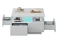 New Merax Mesa de centro brilhante - 70 x 70 x 40 cm - com LEDs + 4 gavetas - Aglomerado - Branco
