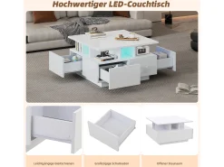 New Merax Mesa de centro brilhante - 70 x 70 x 40 cm - com LEDs + 4 gavetas - Aglomerado - Branco