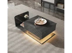 Clearance Merax Mesa de centro brilhante - 100 x 50 x 33/47,5 cm - com tampo de vidro + LEDs + armazenamento - aglomerado - Preto
