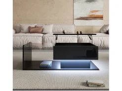 Clearance Merax Mesa de centro brilhante - 100 x 50 x 33/47,5 cm - com tampo de vidro + LEDs + armazenamento - aglomerado - Preto