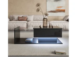 Clearance Merax Mesa de centro brilhante - 100 x 50 x 33/47,5 cm - com tampo de vidro + LEDs + armazenamento - aglomerado - Preto