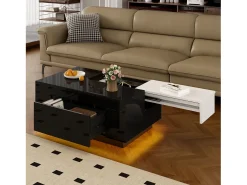 ModernLuxe Mesa de centro brilhante 80×50×35,5 cm - Iluminação LED - 1 gaveta - Tampo extensível - + Branco Preto
