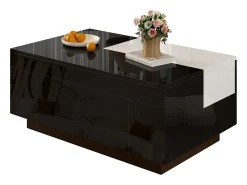 ModernLuxe Mesa de centro brilhante 80×50×35,5 cm - Iluminação LED - 1 gaveta - Tampo extensível - + Branco Preto