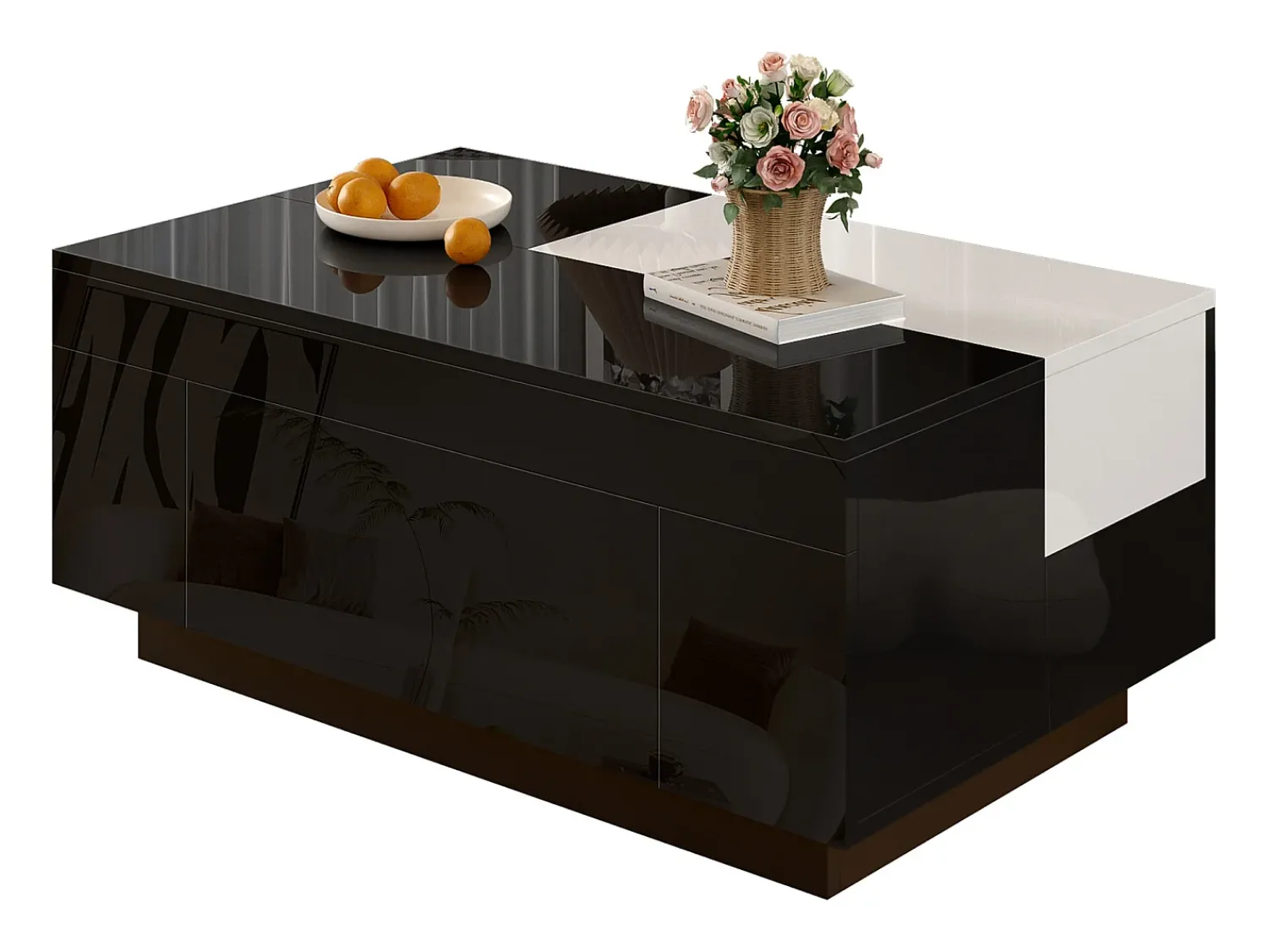 ModernLuxe Mesa de centro brilhante 80×50×35,5 cm - Iluminação LED - 1 gaveta - Tampo extensível - + Branco Preto