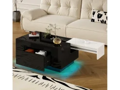 ModernLuxe Mesa de centro brilhante 80×50×35,5 cm - Iluminação LED - 1 gaveta - Tampo extensível - + Branco Preto