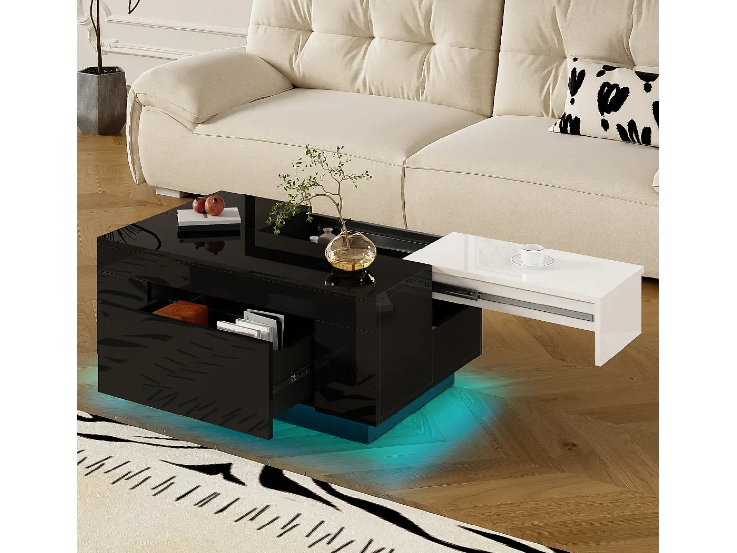 ModernLuxe Mesa de centro brilhante 80×50×35,5 cm - Iluminação LED - 1 gaveta - Tampo extensível - + Branco Preto