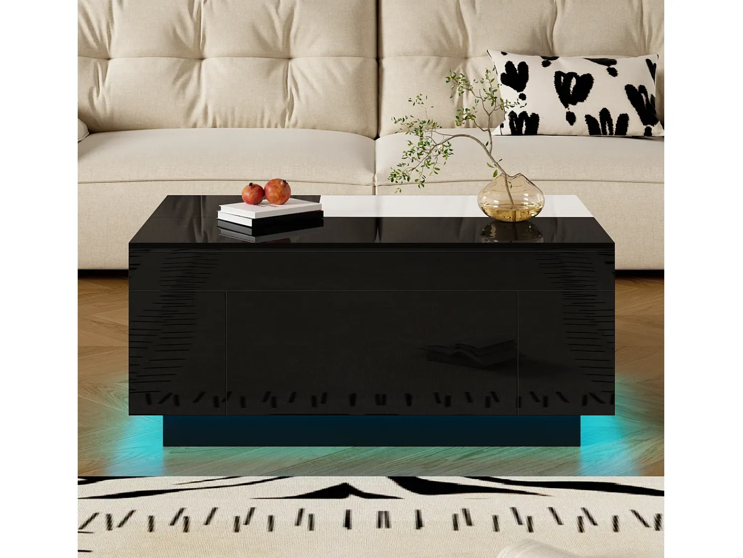 ModernLuxe Mesa de centro brilhante 80×50×35,5 cm - Iluminação LED - 1 gaveta - Tampo extensível - + Branco Preto