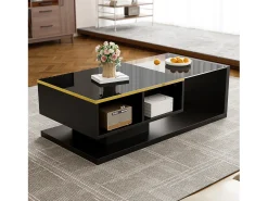 Mesa De Centro|Merax Mesa de centro brilhante - 100 x 50 x 32,5 cm - com vidro + efeito LED + armazenamento - aglomerado - Preto