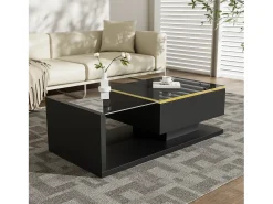 Mesa De Centro|Merax Mesa de centro brilhante - 100 x 50 x 32,5 cm - com vidro + efeito LED + armazenamento - aglomerado - Preto