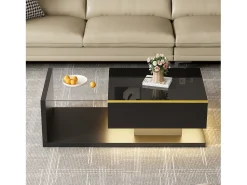 Mesa De Centro|Merax Mesa de centro brilhante - 100 x 50 x 32,5 cm - com vidro + efeito LED + armazenamento - aglomerado - Preto