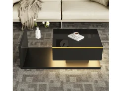 Mesa De Centro|Merax Mesa de centro brilhante - 100 x 50 x 32,5 cm - com vidro + efeito LED + armazenamento - aglomerado - Preto