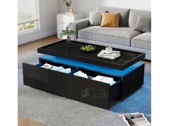 Hot Merax Mesa de centro brilhante para sala de estar - 95 x 45 x 35 cm - com LEDs + 2 gavetas - aglomerado - Preto